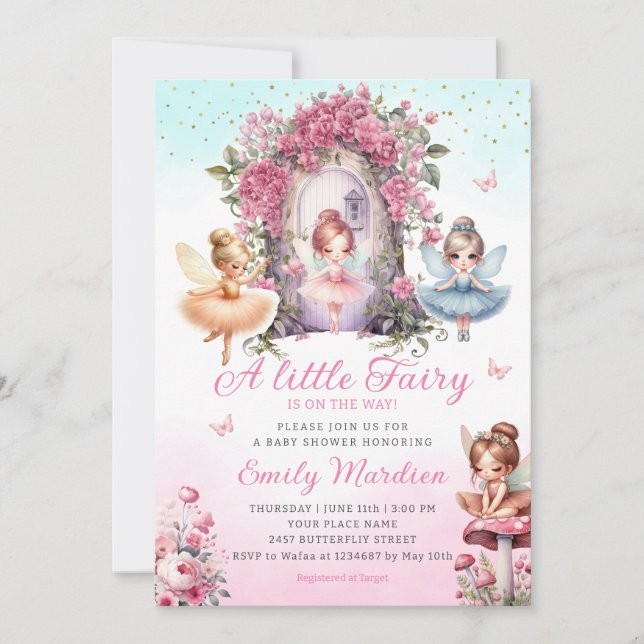 Little Fairy girl Baby Shower Boho Pink Flower  Invitation (Front)