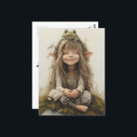 Little Fairy with Pointy Ears & Green Frog Postcard<br><div class="desc">Adorable little girl fairy with long blonde hair,  pointy ears and a Frog perched on her head. Her eyes are closed and she has a big grin on her face.
Back of card has black butterflies.</div>