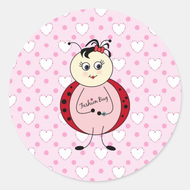 Little Fashionista Pink Ladybug With Hearts Classic Round Sticker (Front)