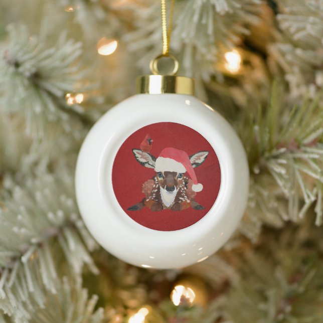 LITTLE FAWN & CARDINAL  CERAMIC BALL CHRISTMAS ORNAMENT (Tree)