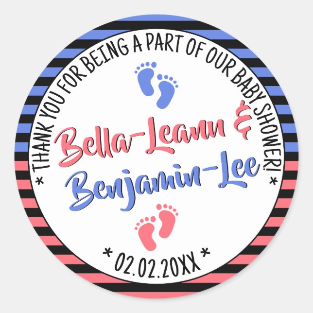 Little Feet Stripes Baby Shower Boy and Girl Twins Classic Round Sticker (Front)