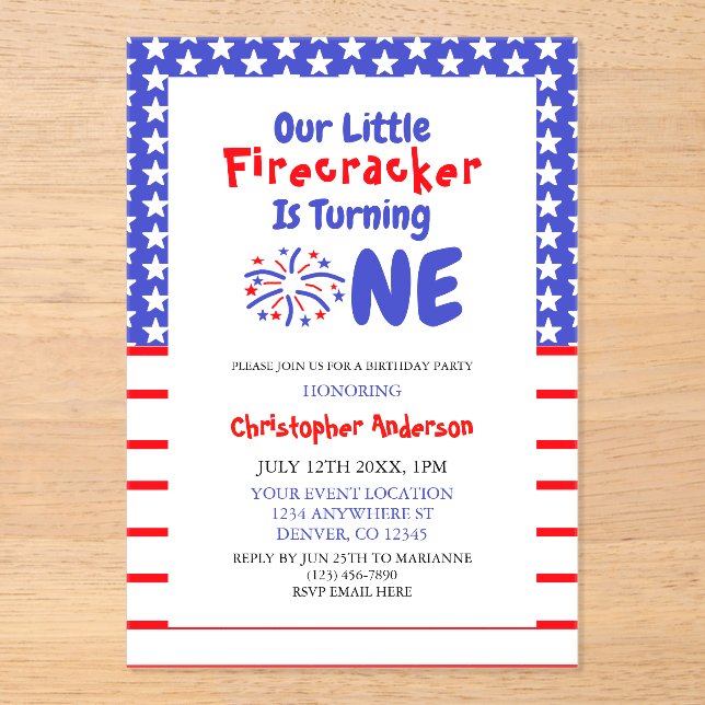 Little Firecracker 1st Birthday Acrylic Invitations (Front)