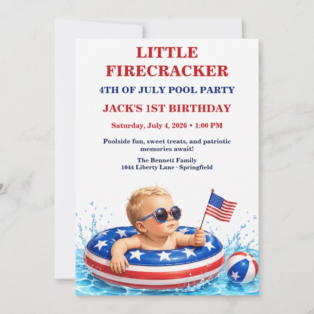 Little Firecracker 1st Birthday Patriotic  Invitation (Front)