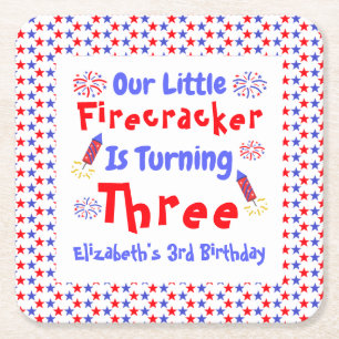 Little Firecracker 3rd Birthday Square Paper Coaster