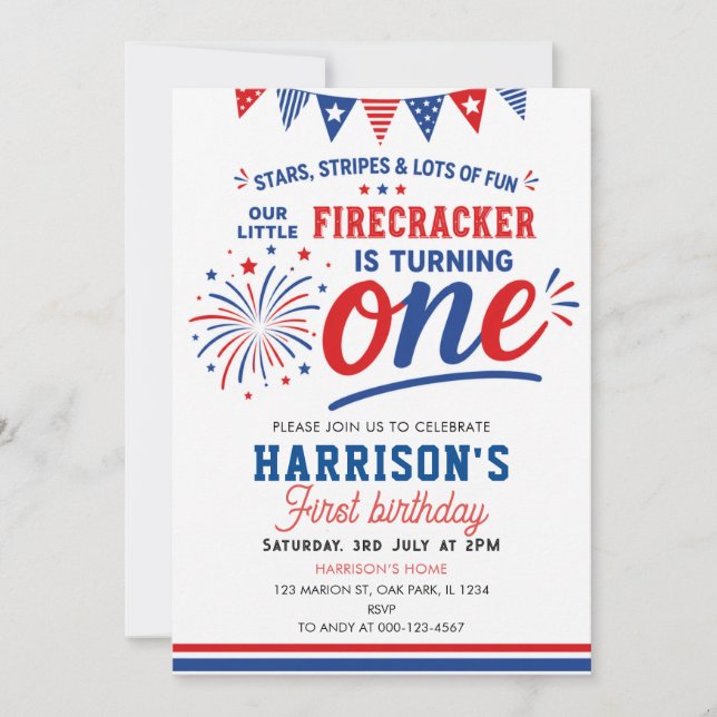 Little Firecracker 4th of July 1st Birthday Invitation (Front)