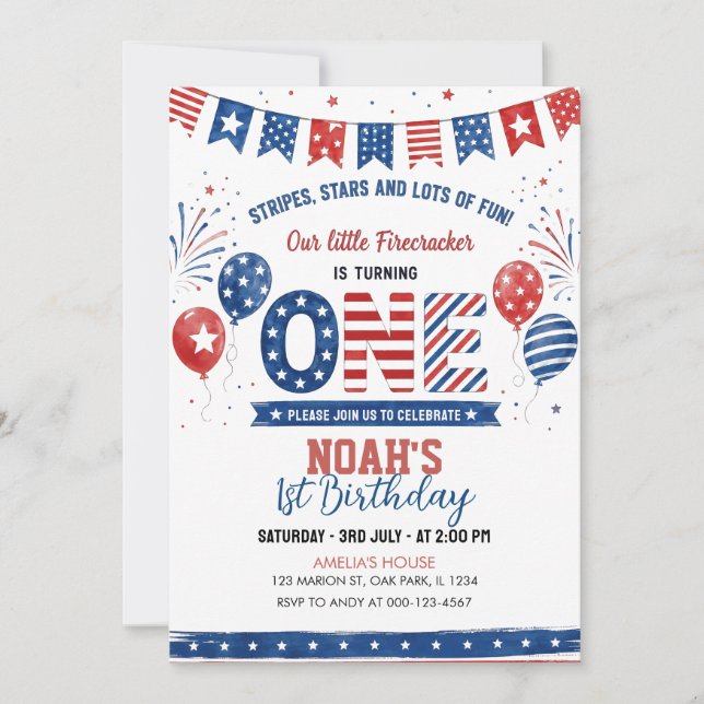 Little Firecracker 4th of July 1st Birthday Invitation (Front)