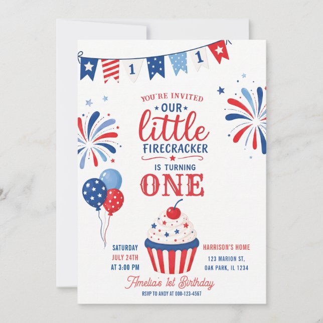Little Firecracker 4th of July 1st Birthday Invitation (Front)