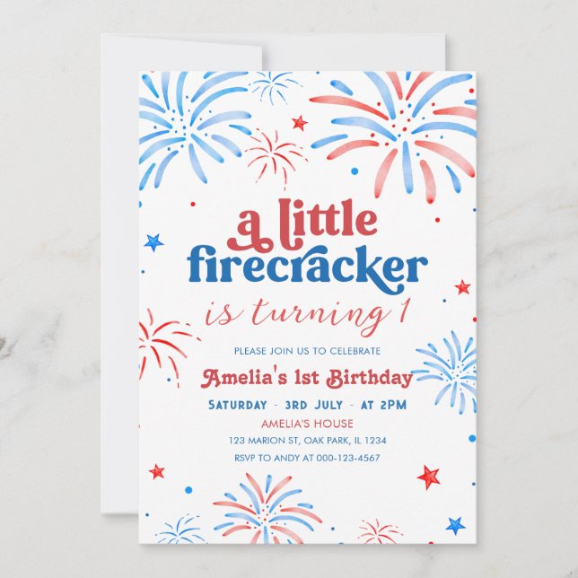 Little Firecracker 4th of July 1st Birthday Invitation (Front)