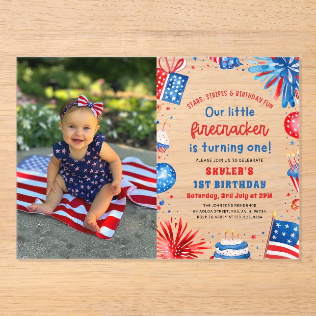 Little Firecracker 4th of July 1st Birthday Party Acrylic Invitations (Front)