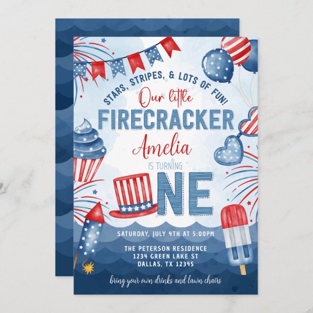 Little Firecracker 4th of July 1st Birthday Party Invitation (Front/Back)