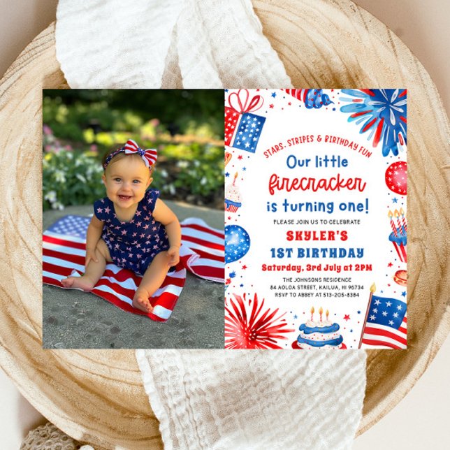 Little Firecracker 4th of July 1st Birthday Party Invitation (Watercolor Patriotic Little Firecracker 4th of July 1st Birthday Party Invitation)
