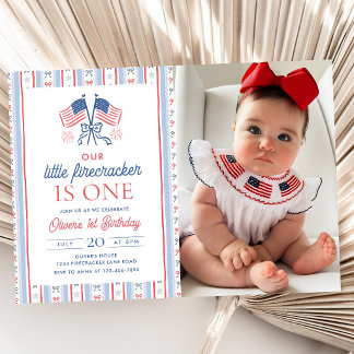 Little Firecracker 4th of July 1st Birthday Photo Invitation