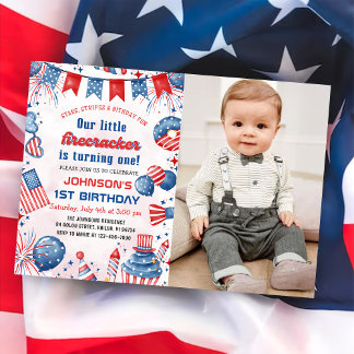 Little Firecracker 4th Of July 1st Birthday Photo Invitation