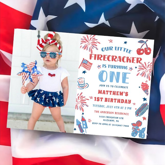 Little Firecracker 4th of July 1st Birthday Photo Invitation (Creator Uploaded)