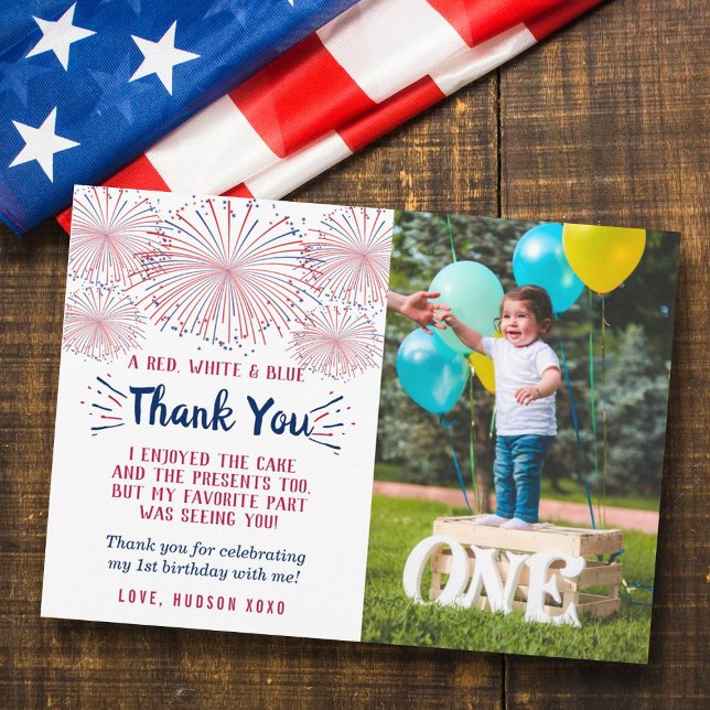 Little Firecracker 4th Of July 1st Birthday Photo Thank You Card (Creator Uploaded)