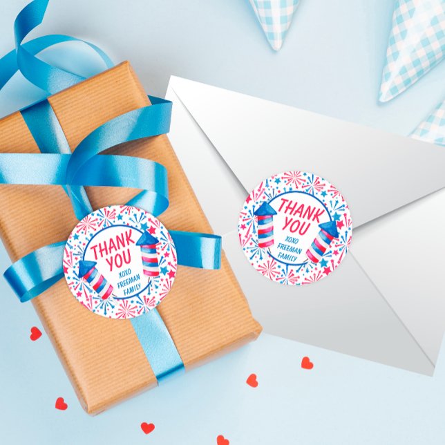 Little Firecracker 4th of July Birthday Thank You  Classic Round Sticker (Creator Uploaded)