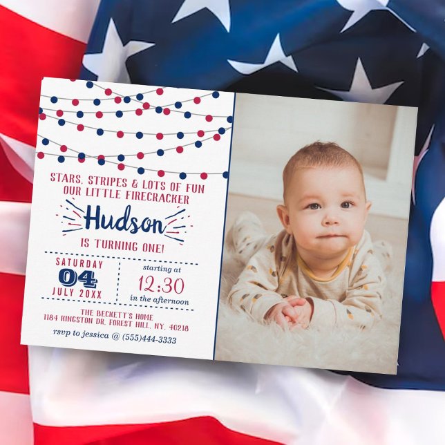 Little Firecracker 4th Of July Photo 1st Birthday Invitation (Creator Uploaded)