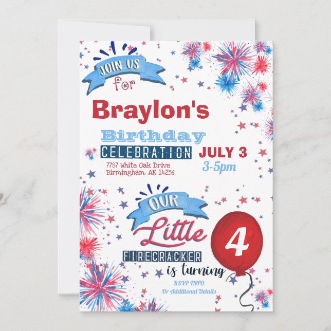 Little Firecracker July 4th Birthday Invitation (Front)