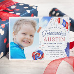 Little Firecracker | Popsicle Kids Birthday Photo Invitation<br><div class="desc">Adorable party invitations for your little one's summer birthday party feature four watercolor popsicle illustrations in classic shades of red, white, and blue, with "our little firecracker is turning {age]" in whimsical script lettering. Personalise with your birthday party details beneath, and add a photo of the birthday child. A festive...</div>