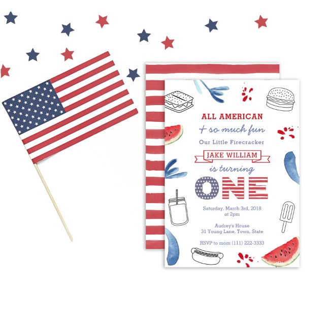 Little Firecracker Red White Blue First Birthday Invitation (Creator Uploaded)