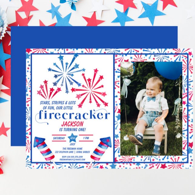 Little Firecracker Red White Blue Photo Birthday  Invitation (Creator Uploaded)