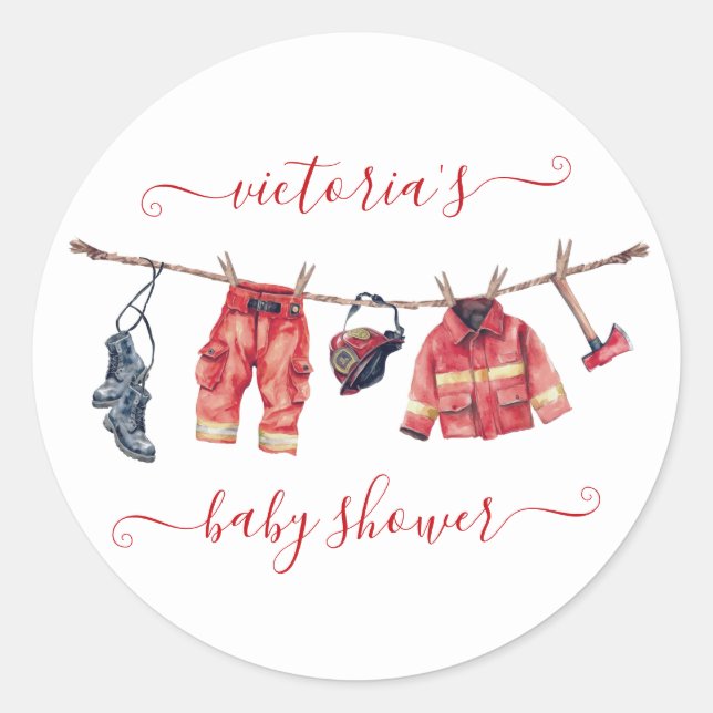 Little Firefighter Baby Shower Clothesline Classic Round Sticker (Front)