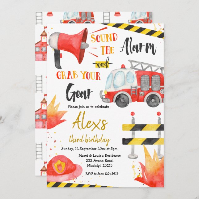 Little Firefighter Boy Birthday Invitation (Front/Back)