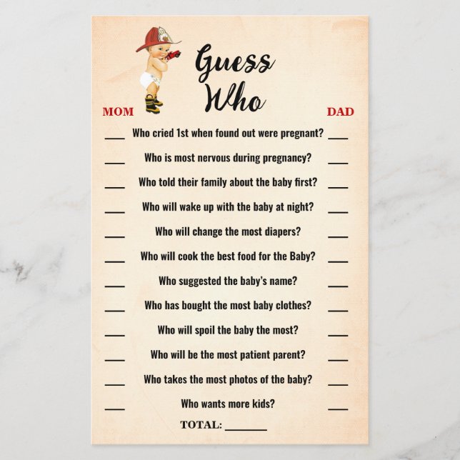 Little Firefighter Guess Who Baby Shower Game Card (Front)