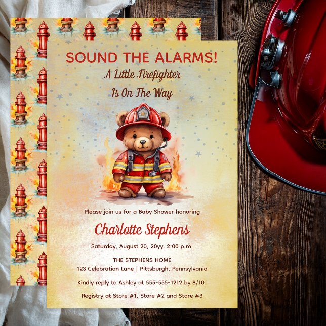Little Firefighter Teddy Bear Baby Shower Invitation (Sound the Alarms!  A Little Firefighter Is On The Way Cute Teddy Bear Baby Shower Invitation )