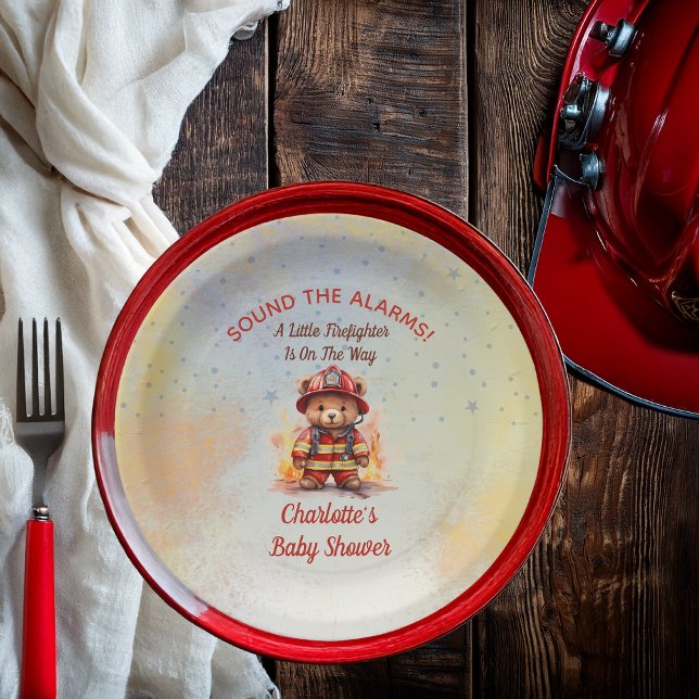 Little Firefighter Teddy Bear Baby Shower  Paper Plate (Sound the Alarms!  A Little Firefighter Is On The Way Cute Teddy Bear Baby Shower Paper Plates)