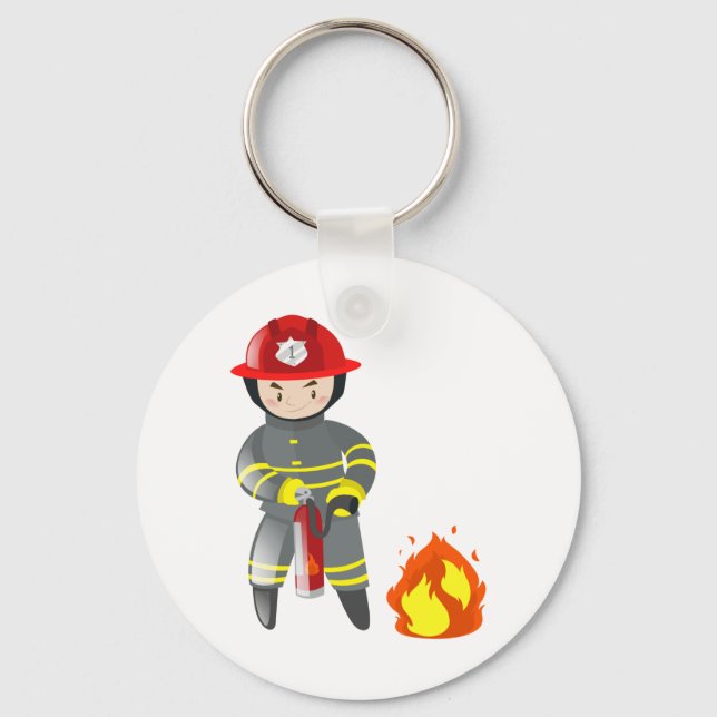 Little Fireman Hero Putting Out Fire Key Ring (Front)