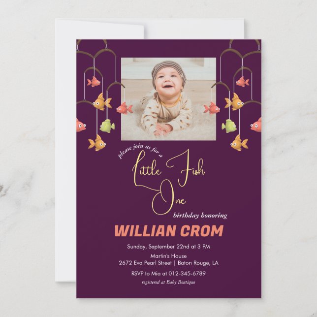 Little Fish Crimson Colour Baby 1st Birthday Invitation (Front)