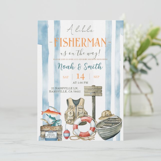 Little Fisherman Baby Shower Invitation | Rustic F (Standing Front)
