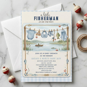 Little Fisherman Blue Gingham Fishing Boy Invitation