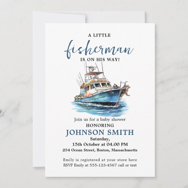 Little Fisherman is On His Way Watercolor Fishing  Invitation (Front)
