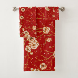 Little flowers on red pattern bath towel set