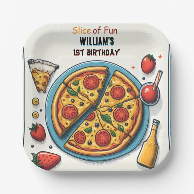 little food boy girl teen pizza first 1st birthday paper plate (Front)