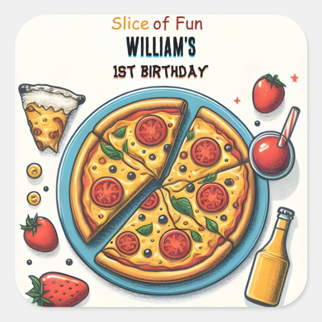 little food boy girl teen pizza first 1st birthday square sticker (Front)