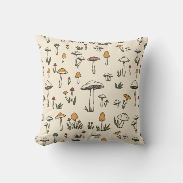 Little Forest Mushrooms on a Beige Background Cushion (Front)