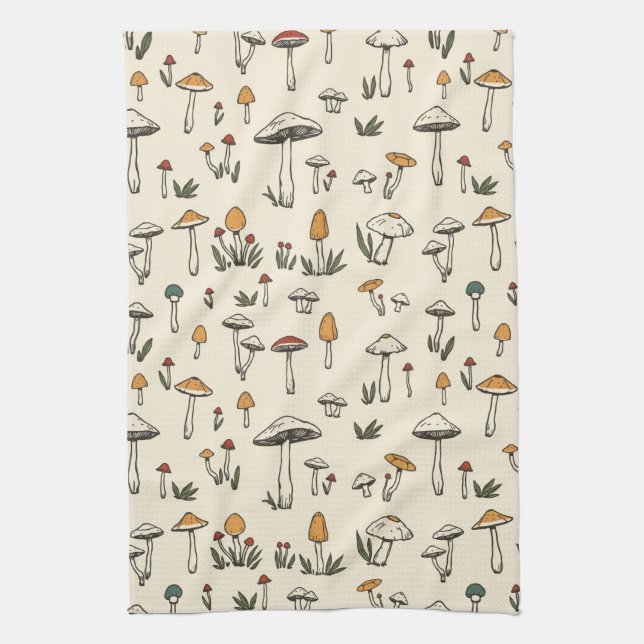 Little Forest Mushrooms on a Beige Background Tea Towel (Vertical)