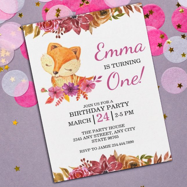 Little Fox Floral 1st Birthday Party Invitation (Creator Uploaded)