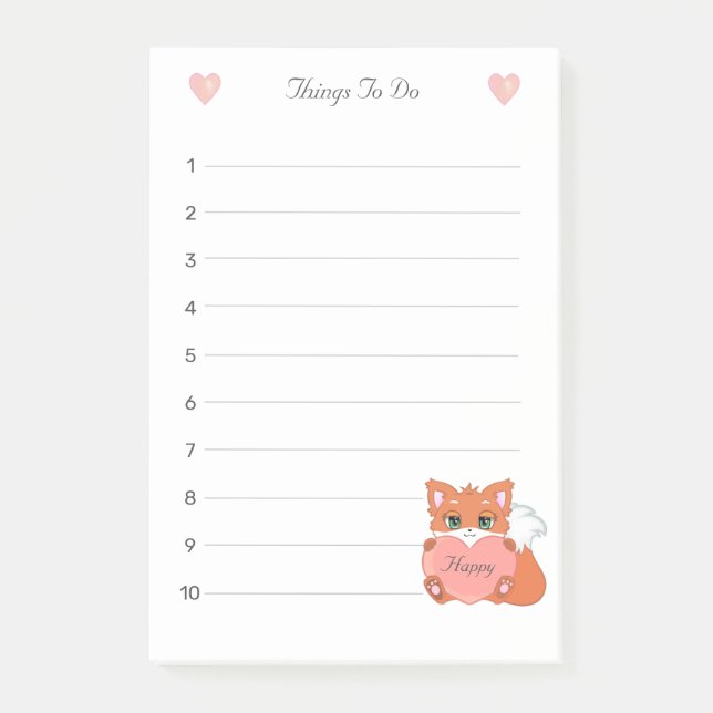 Little Fox & Heart Things To Do Lined Post-it Notes (Front)