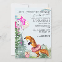 Little Fox Watercolor Woodland Pink Birthday