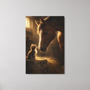 Little Friend   Horse & Kitten   Stretched Canvas Print