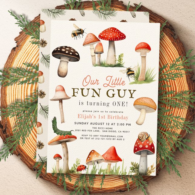 Little Fun Guy Mushroom Bee Boy 1st Birthday Invitation (Creator Uploaded)