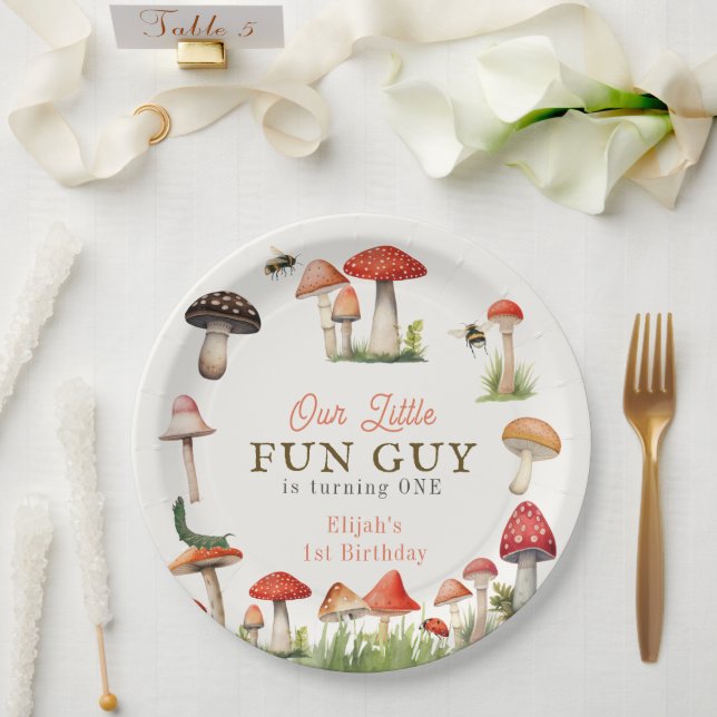 Little Fun Guy Mushroom Bee Boy Birthday Paper Plate (Wedding)