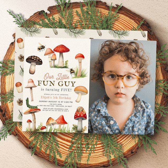 Little Fun Guy Mushroom Bee Boy Photo Birthday Invitation (Creator Uploaded)