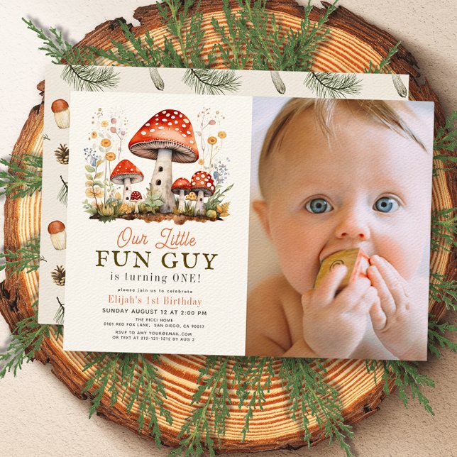 Little Fun Guy Mushroom Boy Photo 1st Birthday Invitation (Creator Uploaded)