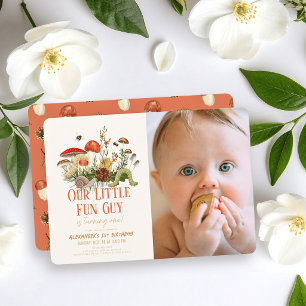 Little Fun Guy Mushroom Worms Photo 1st Birthday Invitation