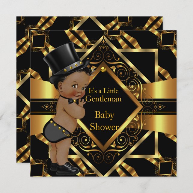 Little Gentleman Baby Shower Gold Black Ethnic Invitation (Front/Back)